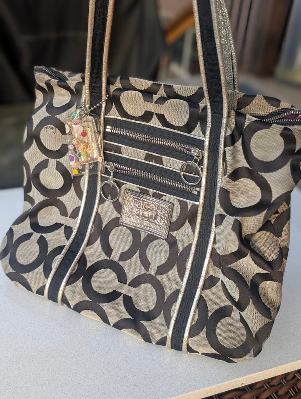 Coach Poppy Op Art Glam Tote Black Gray Signature Logo Monogram Y2K Purse Bag